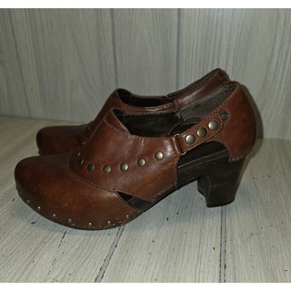 Dansko Ryders Brown Leather Clogs Studded Wood Block Heel Platform Size 9 Boho - Picture 5 of 11